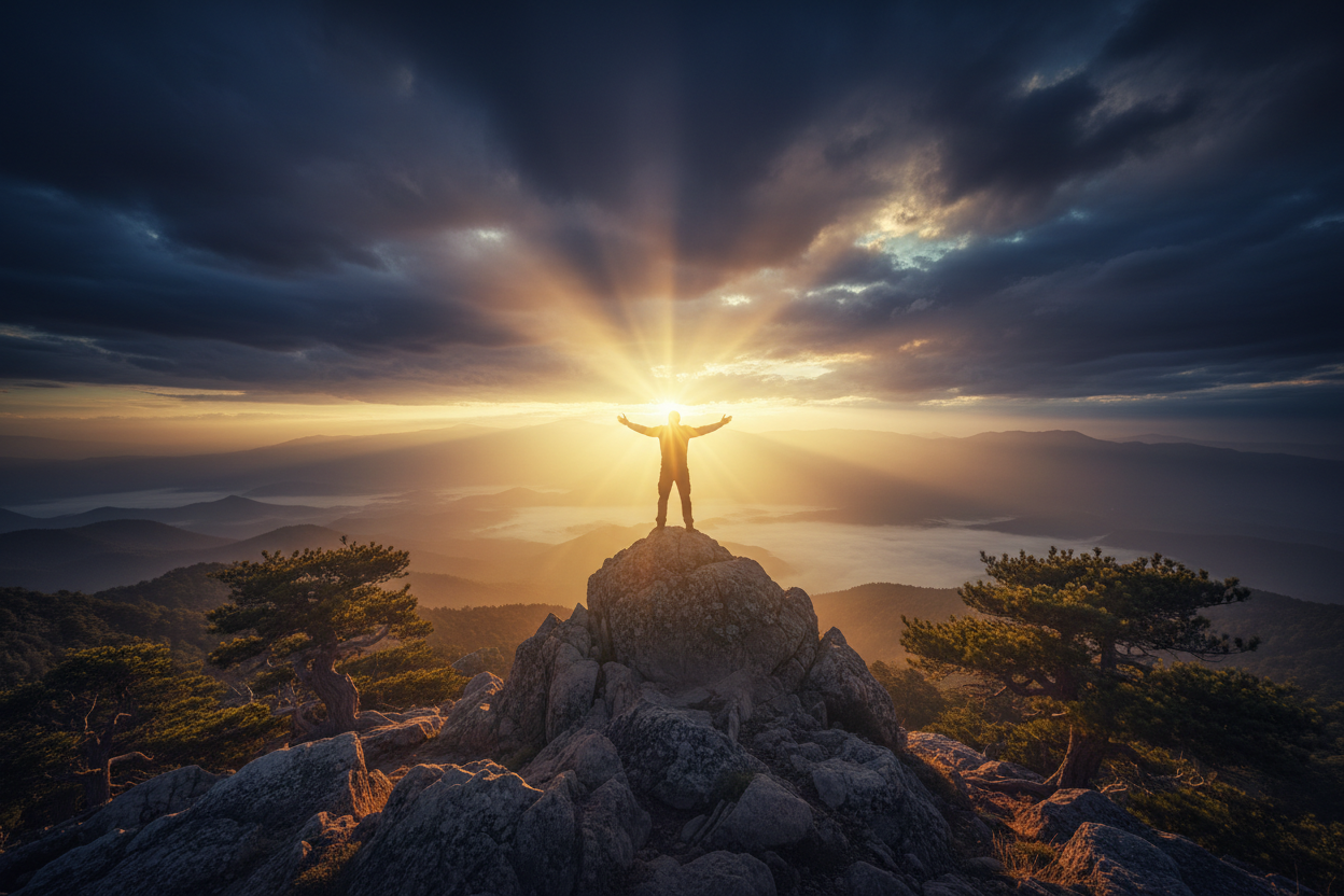 Inspirational hero image with light breaking through darkness and silhouette in nature